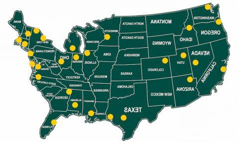 Map of the United States with fieldwork locations designated